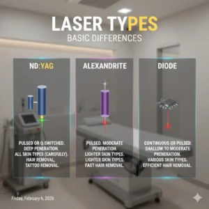 Different types of lasers- ND Yag, Alexandrite & Diode